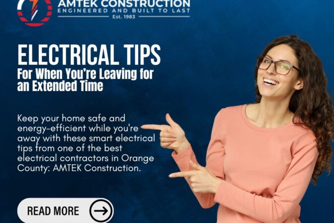 woman pointing to the blog title: Electrical Tips for When You’re Leaving for an Extended Time
