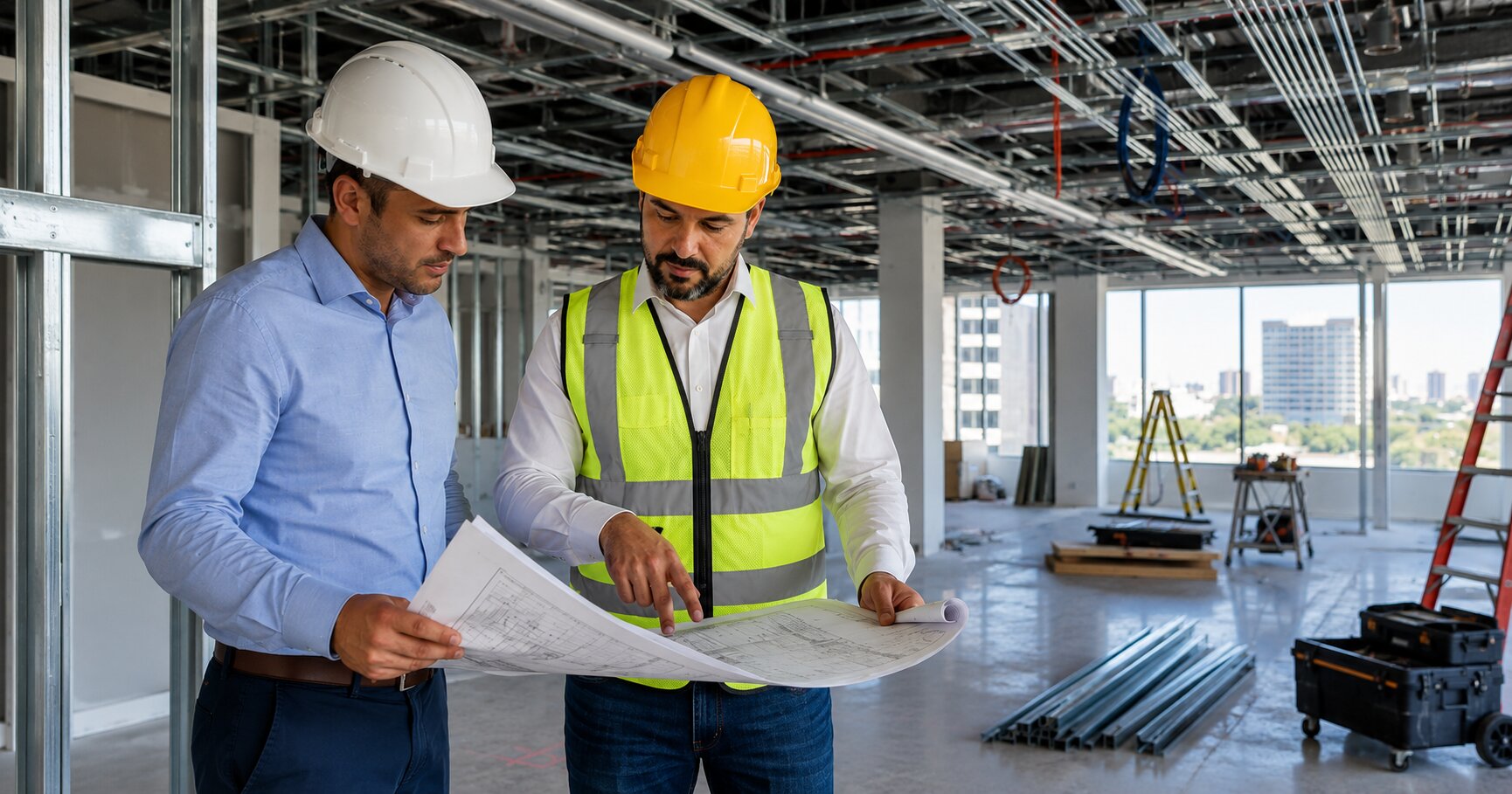 Commercial-electrician-and-project-manager-reviewing-construction-plans-during-a-commercial-tenant-improvement-project-in-Los-Angeles-and-Orange-County