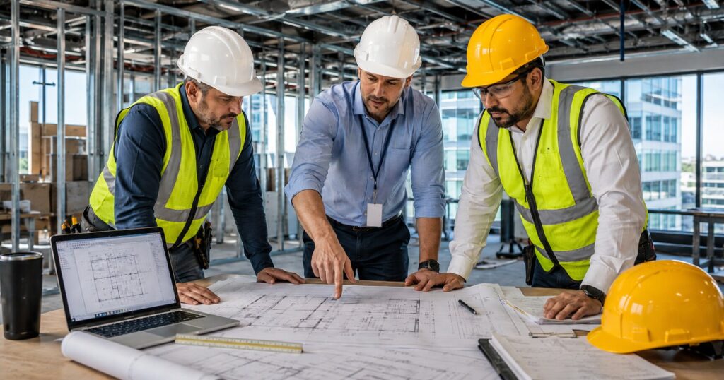 Commercial-electrician-engineer-and-project-manager-reviewing-electrical-plans-during-a-commercial-construction-project-in-Los-Angeles-and-Orange-County