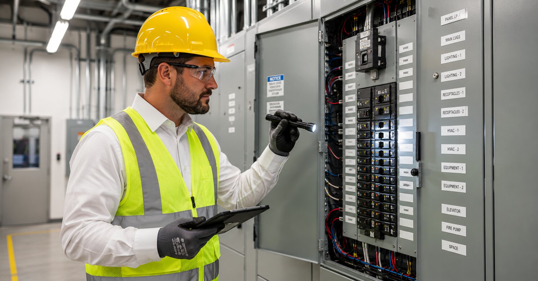 Commercial-electrician-inspecting-a-modern-electrical-panel-during-a-commercial-panel-upgrade-project-in-Los-Angeles-and-Orange-County