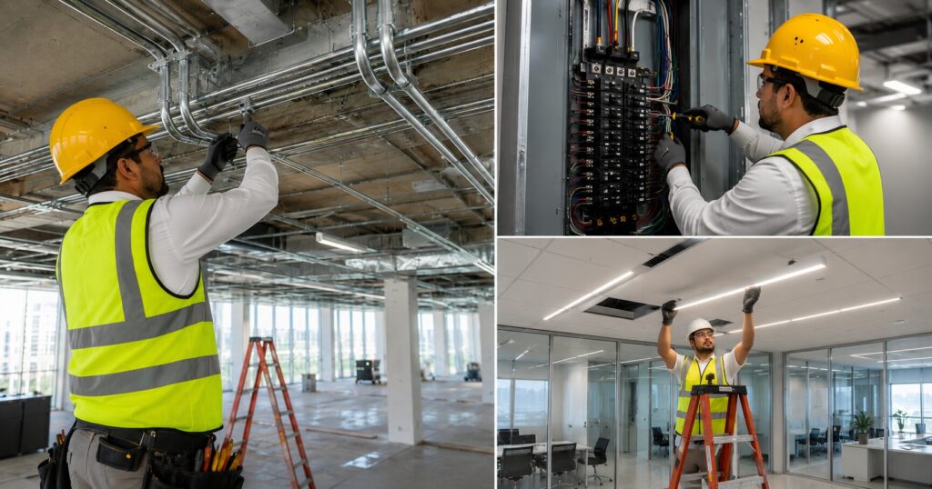Commercial electrician and project manager reviewing construction plans during a commercial tenant improvement project in a modern office building in Los Angeles and Orange County