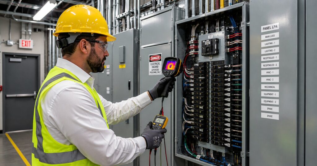 Commercial-electrician-performing-electrical-testing-before-completing-a-commercial-panel-upgrade