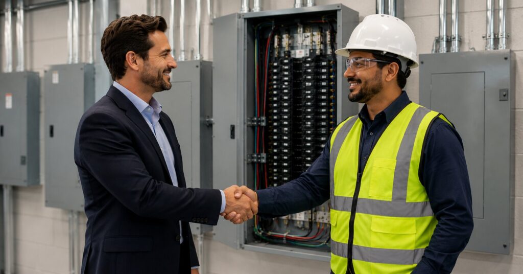Commercial-electrician-shaking-hands-with-a-business-owner-after-completing-a-commercial-panel-upgrade-project-in-Los-Angeles-and-Orange-County