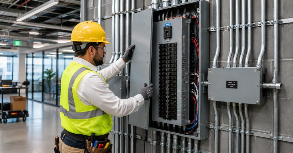 Licensed-electrician-installing-a-commercial-electrical-panel-inside-a-modern-office-building