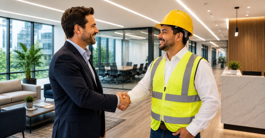 Commercial tenant improvement electrical contractor shaking hands with a client after completing a commercial office renovation project in Los Angeles and Orange County.