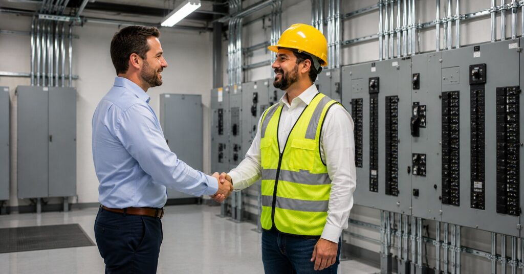Business-owner-shaking-hands-with-a-commercial-electrician-after-successful-electrical-troubleshooting-and-system-improvements-in-a-modern-commercial-facility