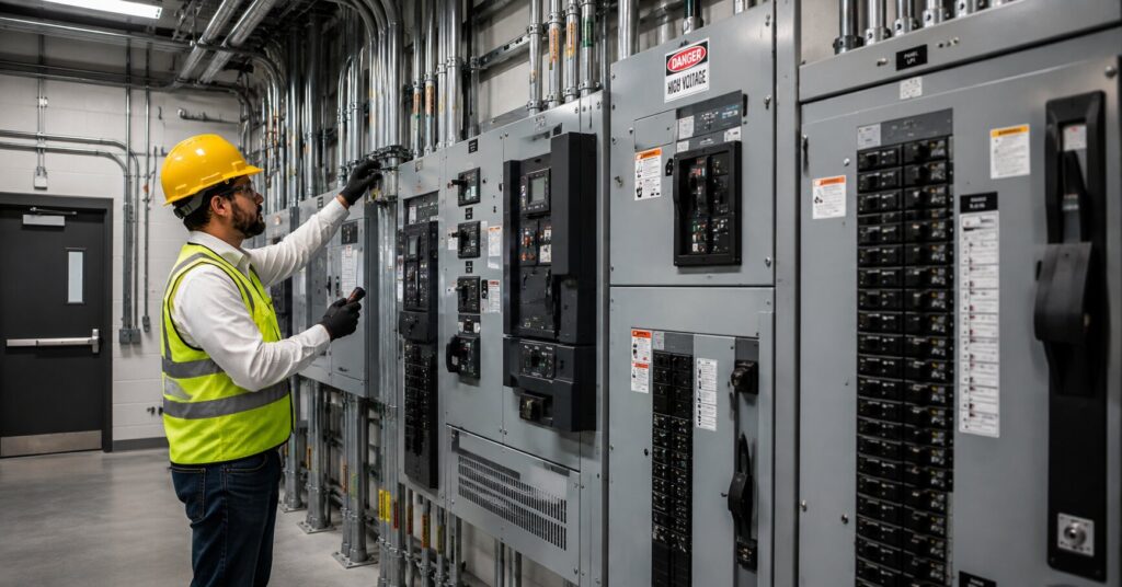 Commercial-electrician-inspecting-electrical-panels-and-distribution-equipment-during-a-preventative-maintenance-evaluation