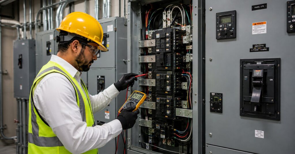 Commercial-electrician-inspecting-electrical-panels-and-switchgear-for-signs-of-aging-equipment-and-developing-electrical-problems