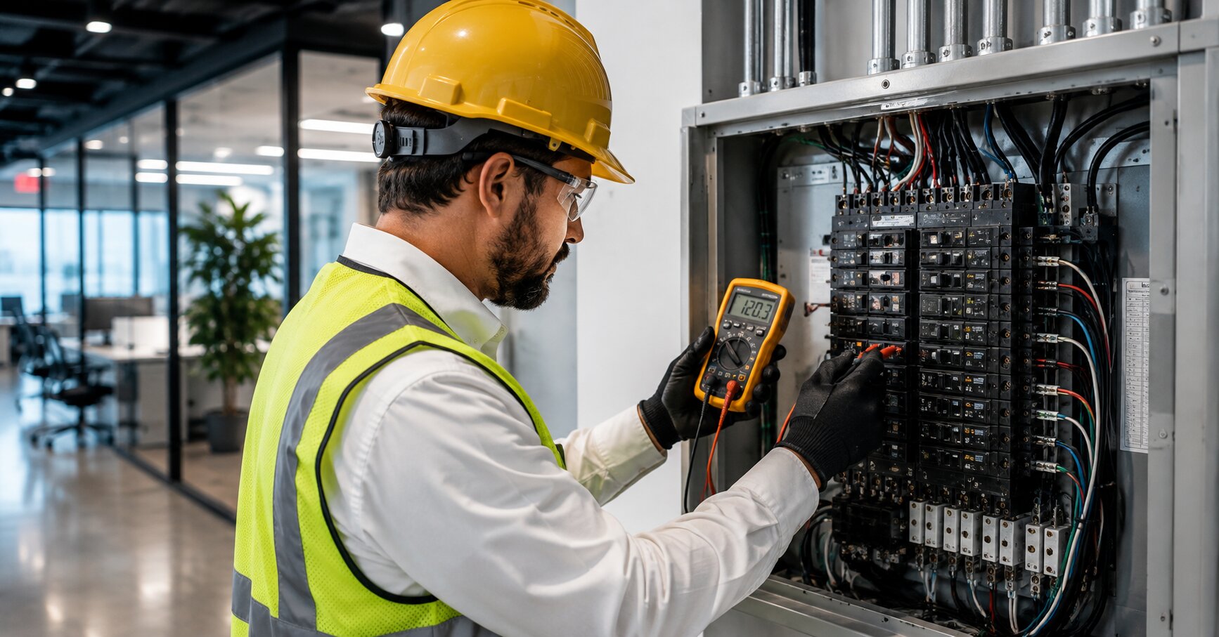 Commercial-electrician-performing-electrical-troubleshooting-on-a-modern-commercial-electrical-panel-in-a-Los-Angeles-office-building