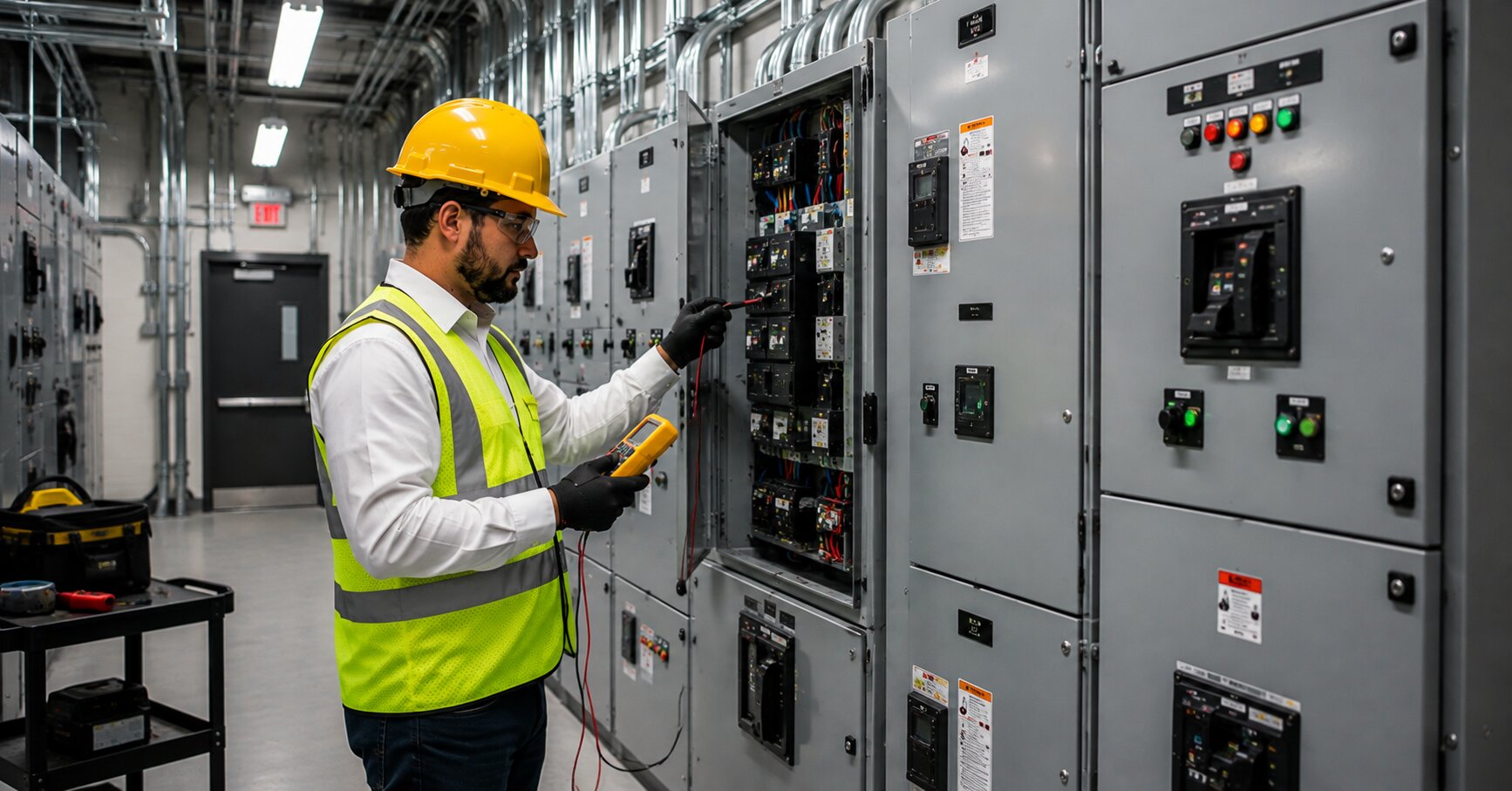 Commercial-electrician-performing-preventative-electrical-maintenance-on-electrical-panels-in-a-modern-commercial-facility