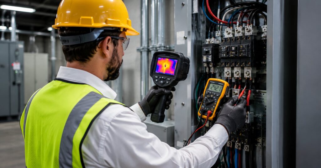 Commercial-electrician-using-advanced-diagnostic-equipment-to-troubleshoot-electrical-problems-in-a-commercial-facility
