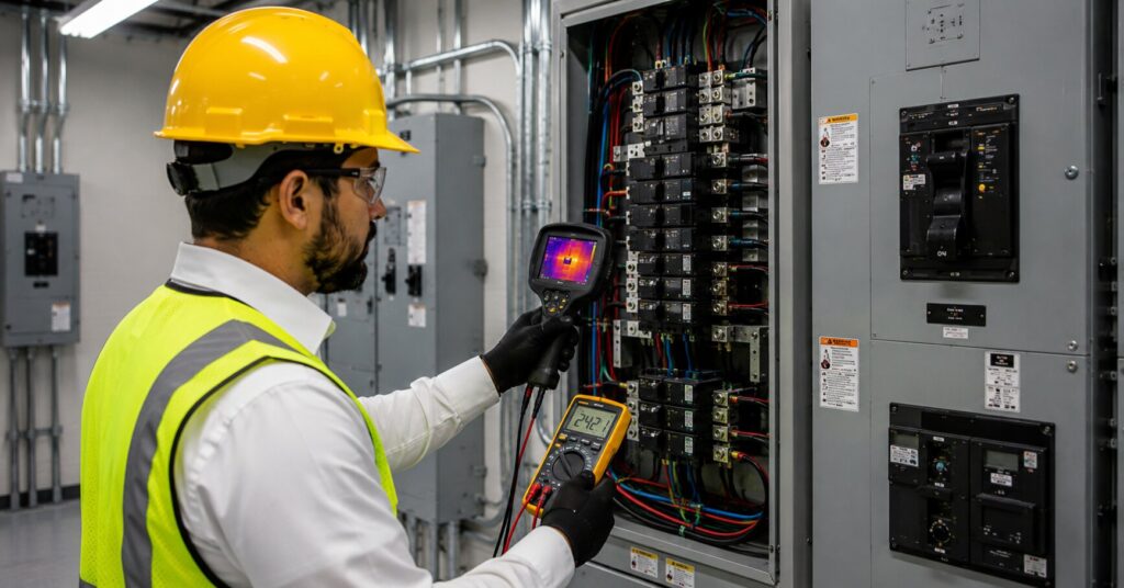 Commercial-electrician-using-thermal-imaging-and-diagnostic-equipment-during-preventative-electrical-maintenance