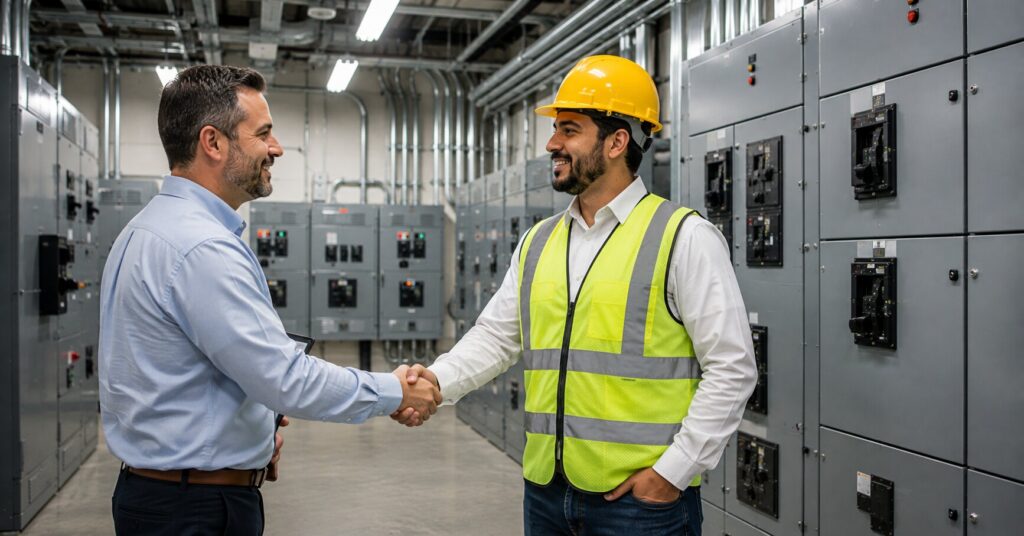 Facility-manager-shaking-hands-with-a-commercial-electrician-after-a-preventative-electrical-maintenance-evaluation
