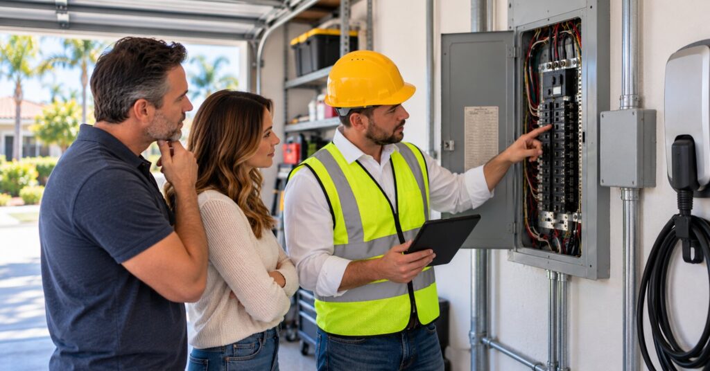 AMTEK-electrician-discussing-a-residential-electrical-panel-upgrade-with-homeowners-in-Southern-California
