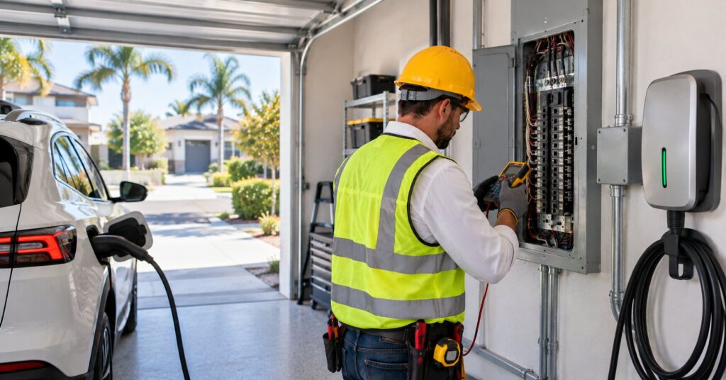 Electrician-evaluating-a-home-electrical-panel-before-an-EV-charger-installation