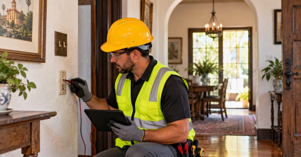 Electrician-inspecting-the-electrical-system-in-an-older-Los-Angeles-or-Orange-County-home