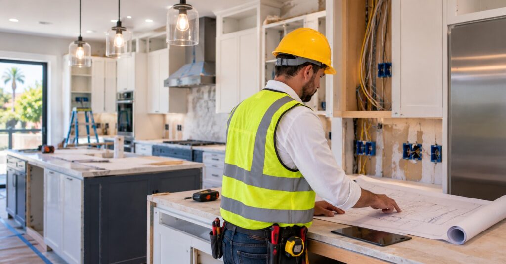 Electrician-planning-electrical-upgrades-during-a-residential-kitchen-remodel-in-Southern-California