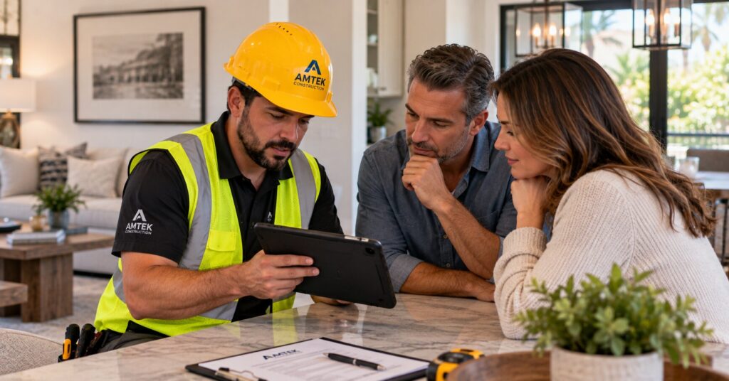 Electrician-reviewing-residential-electrical-inspection-findings-with-Southern-California-homeowners