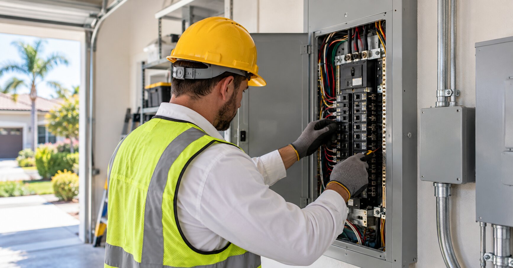 Residential-electrician-inspecting-an-electrical-panel-upgrade-in-a-Southern-California-home