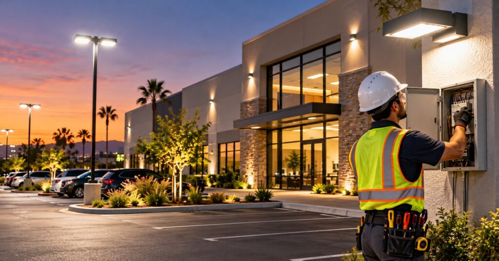 Commercial-LED-parking-lot-and-exterior-lighting-at-a-Southern-California-business-property