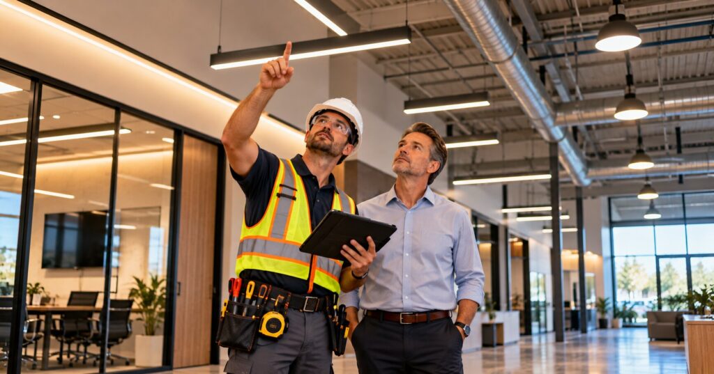 Commercial-electrician-discussing-an-LED-lighting-upgrade-with-a-Southern-California-property-manager