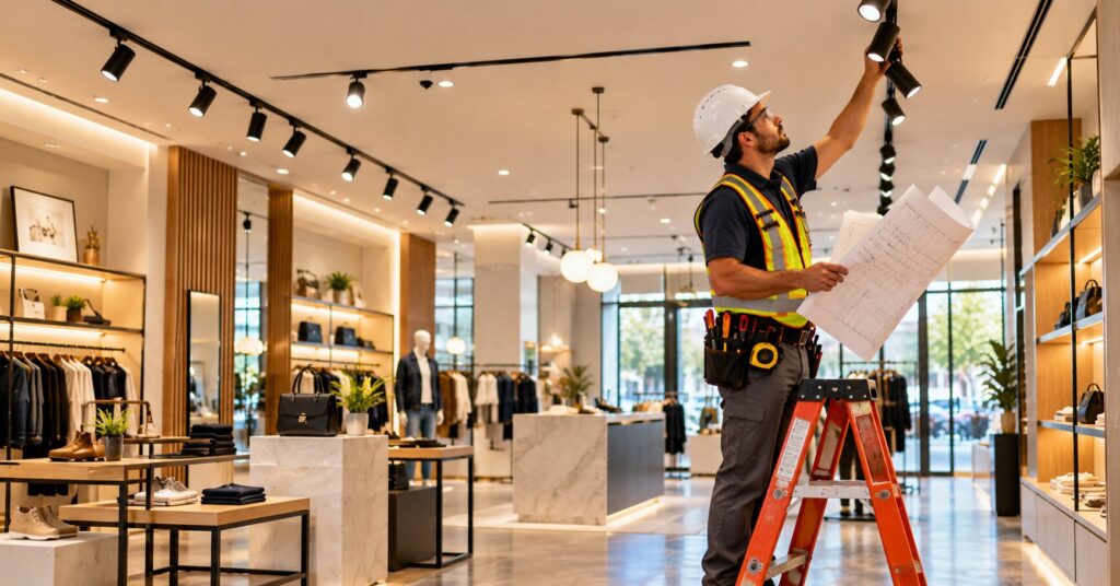 Commercial-electrician-installing-LED-lighting-during-a-retail-tenant-improvement-in-Southern-California