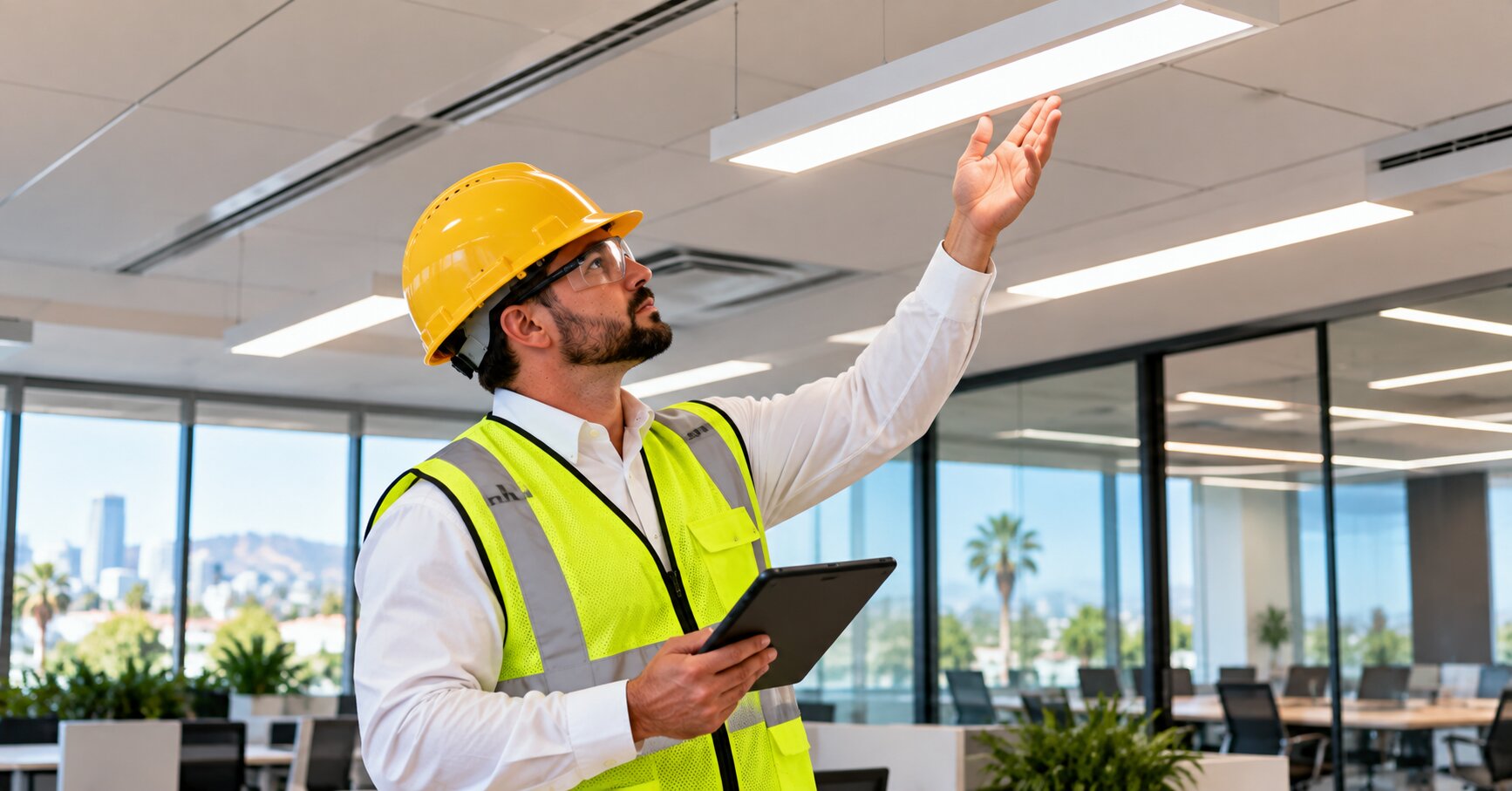 Commercial-electrician-installing-LED-lighting-in-a-Los-Angeles-or-Orange-County-business