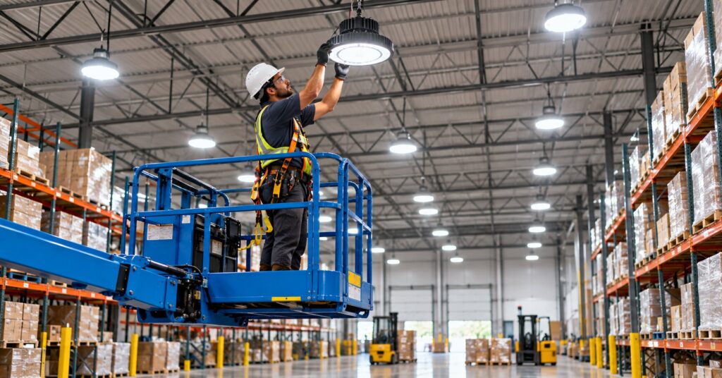 Electrician-installing-high-bay-LED-lighting-in-a-Los-Angeles-or-Orange-County-warehouse